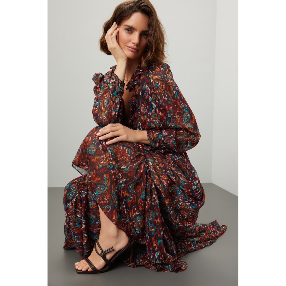 MISA Los Angeles Charlotte Ruffle Abstract Chiffon Maxi Dress Medium